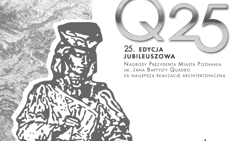 Galeria zdjęć przedstawia grafiki z rysunkiem sylwetki Jana Baptysty Quadro oraz napisem: 25. edycja jubileuszowa Nagrody Prezydenta Miasta Poznania im. Jana Baptysty Quadro.