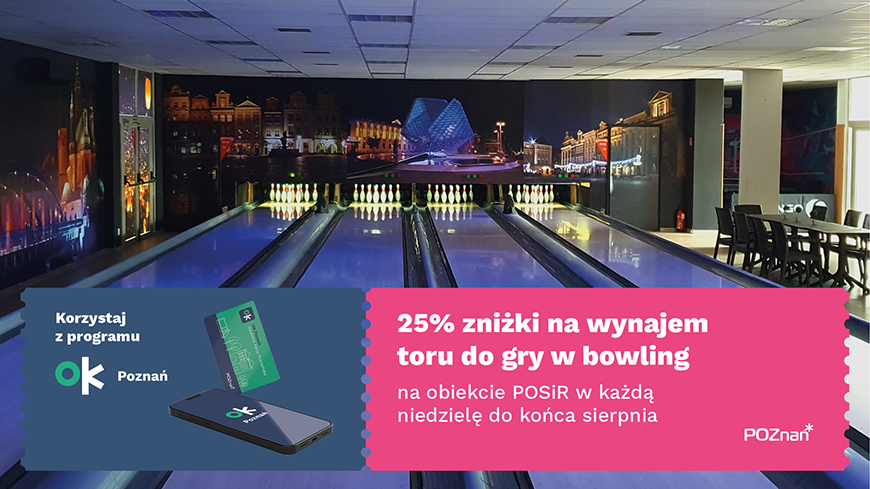 Grafika: tor do bowlingu, na zdjęciu ramka z najważniejszymi informacjami o zniżkach