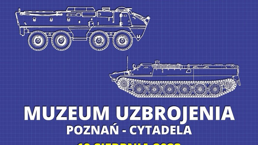 Niebieski plakat z rysunkami czołgów i informacjai o wydarzeniu