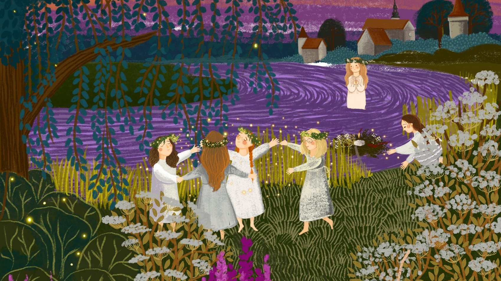 Obraz przedstawia cztery tańczące dziewczynki w białych sukienkach i wiankach na głowie, za nimi przygląda im się kobieta w jeziorze w takim samym stroju, z boku inna kobieta zbiera kwiatki