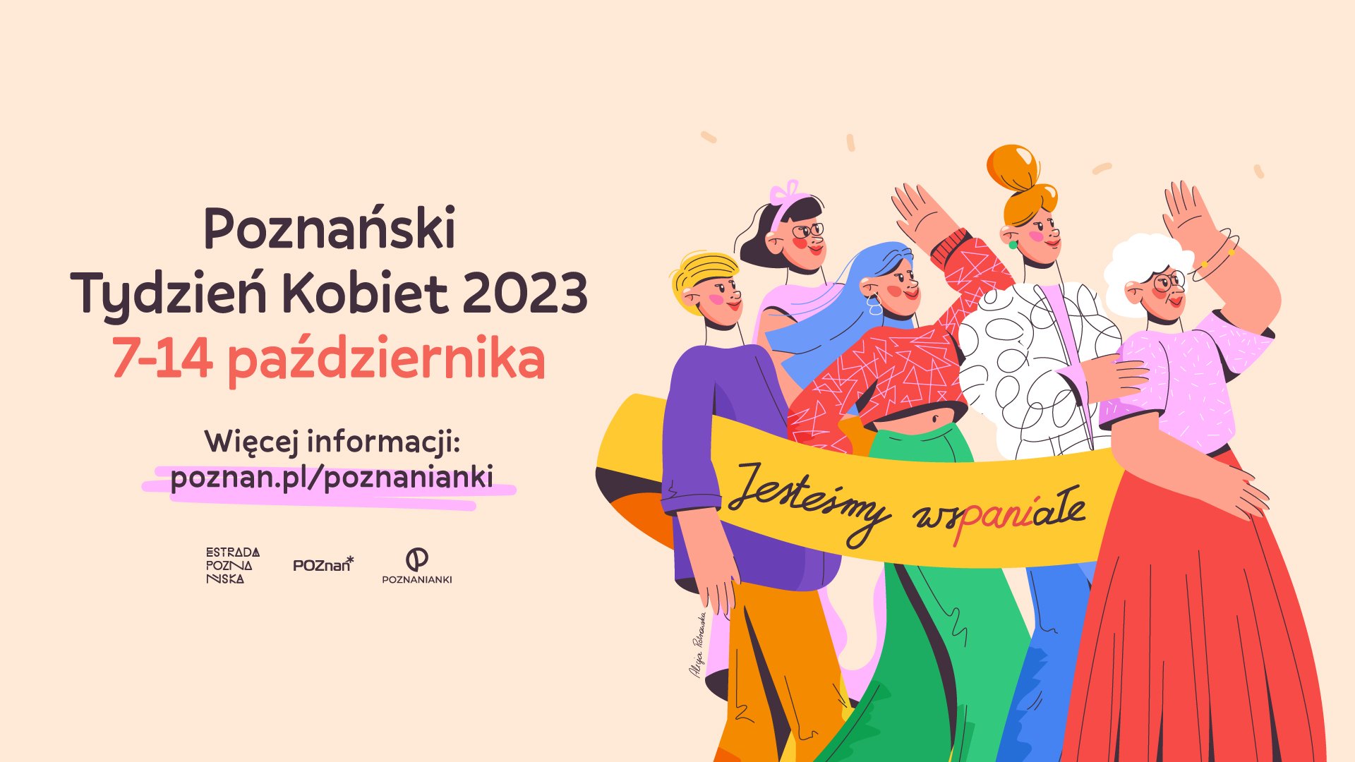 Grafika - poznański tydzień kobiet, najważniejsze informacje o wydarzeniu i rysunek maszerujących kobiet