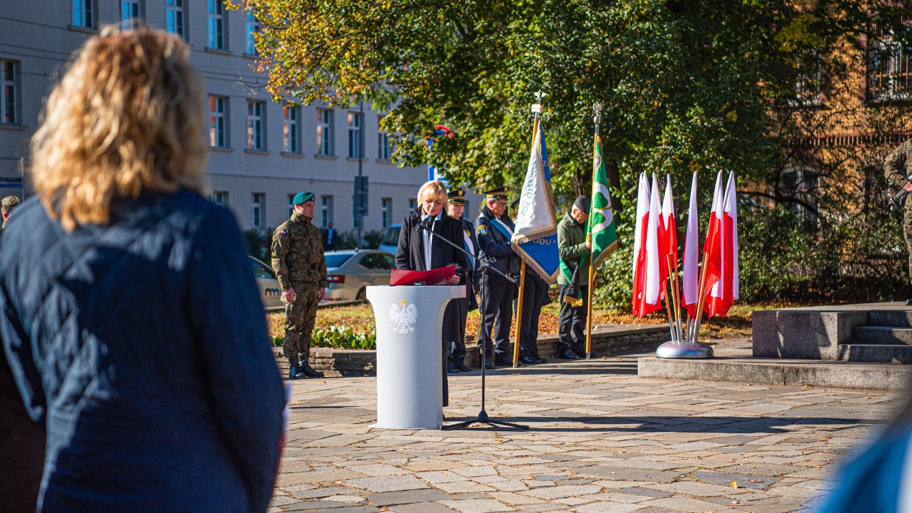 Na zdjęciu uroczystość, w centrum kadru kobieta przy mównicy