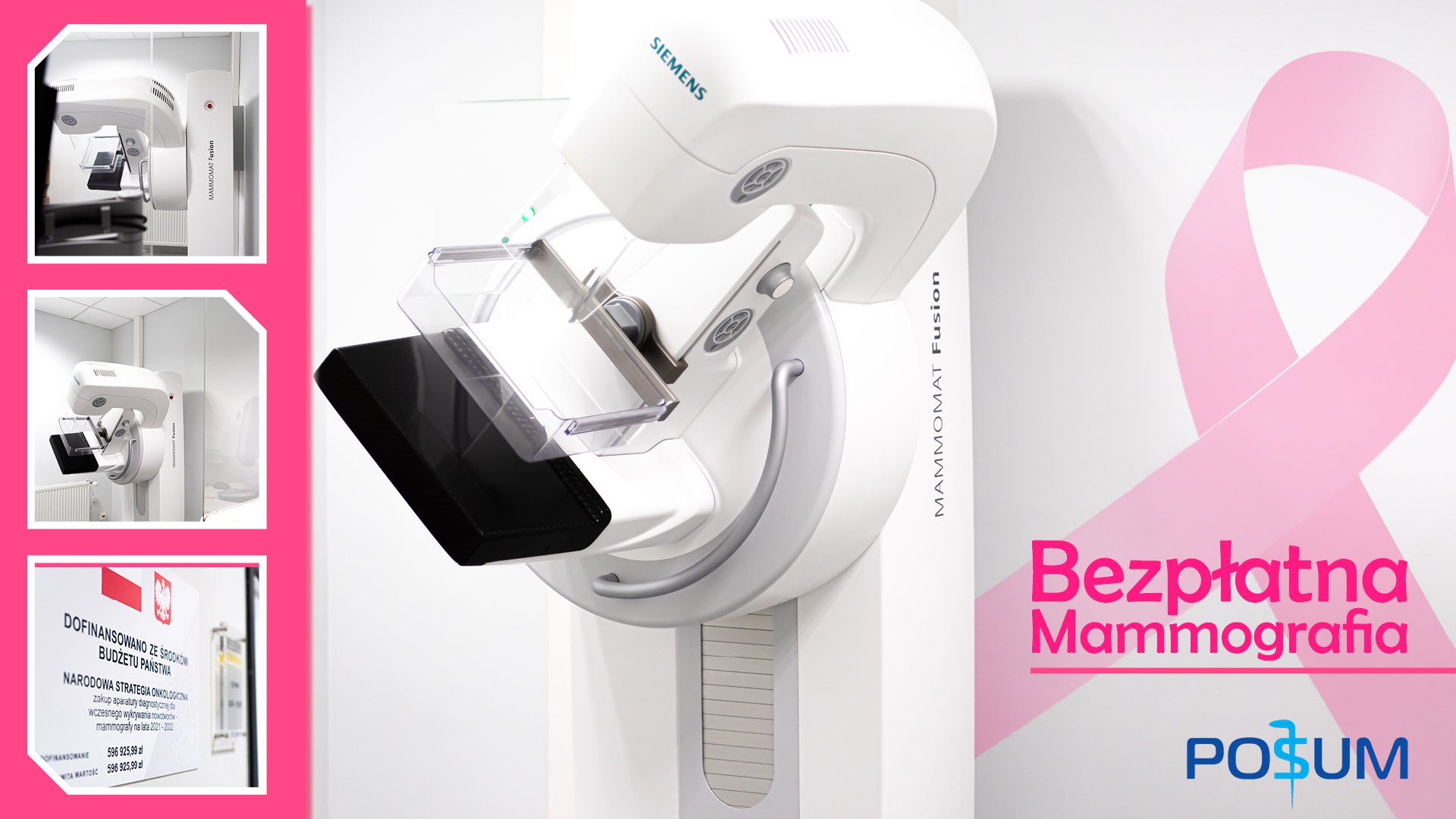 Grafika: zdjęcie mammografu na różowym tle, obok napis: bezpłatna mammografia, POSUM