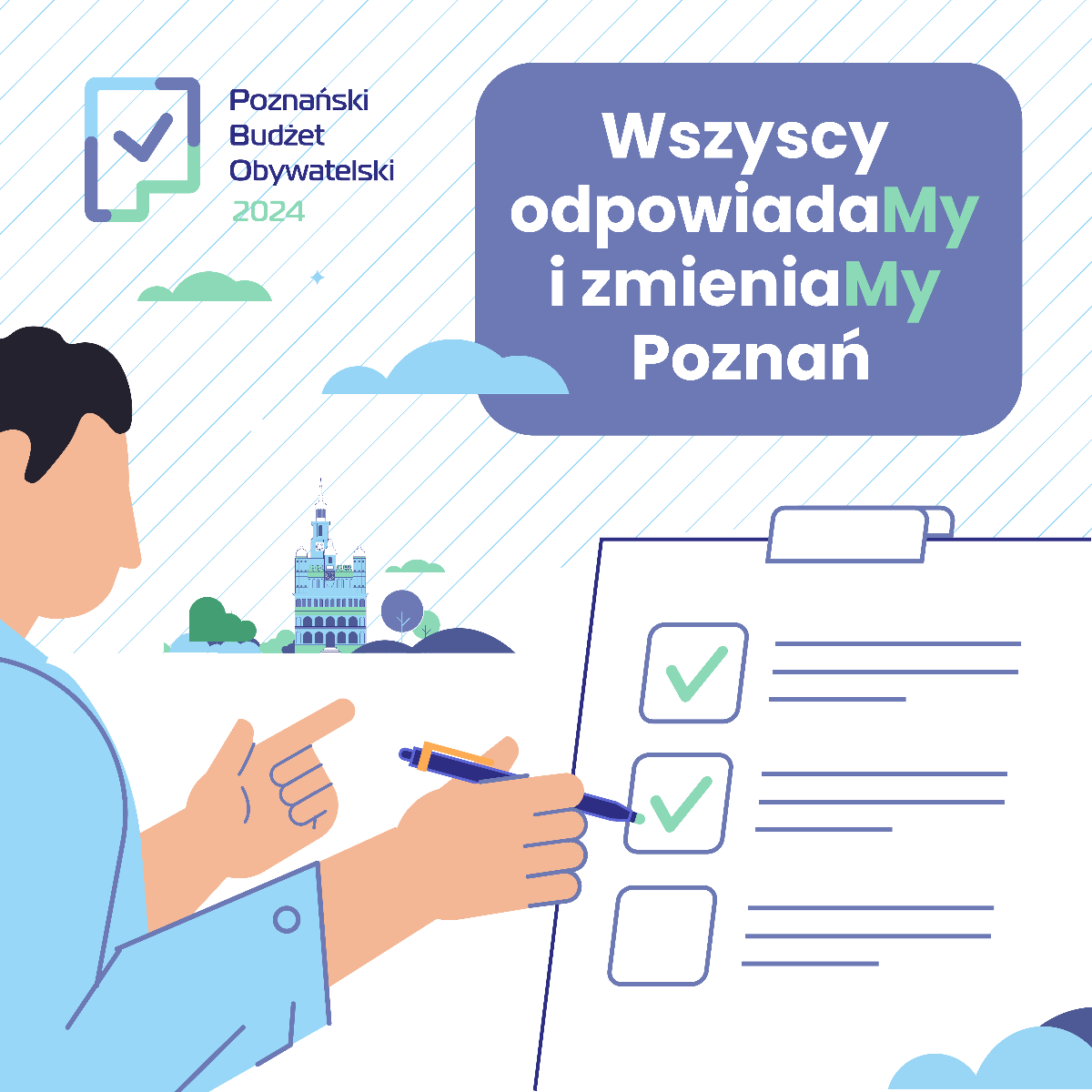 Grafika przedstawia rysunek człowieka, który zaznacza "ptaszki" na karcie do głosowania oraz logo Poznańskiego Budżetu Obywatelskiego. - grafika artykułu