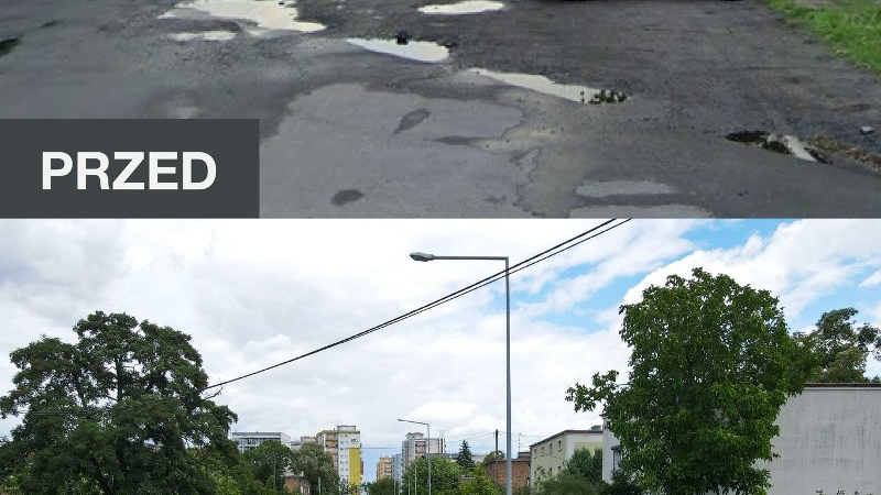 Kolaż 2 zdjęć pokazujących ul. Kordeckiego przed i po przebudowie