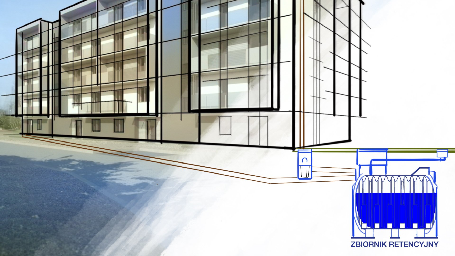 Grafika przedstawia rysunek budynku i zbiornika retencyjnego.