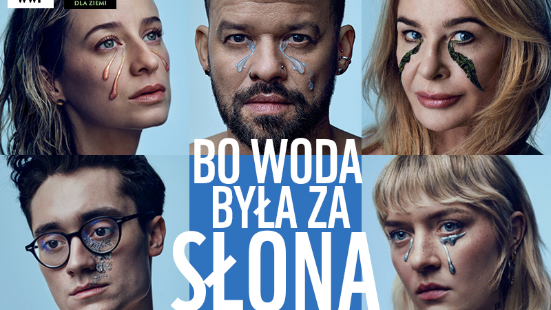 Grafika przedstawia zdjęcia aktorów, pisenkarzy i inne gwiazdy z symbolicznymi łzami namalowanymi pod oczami oraz hasło kampanii.