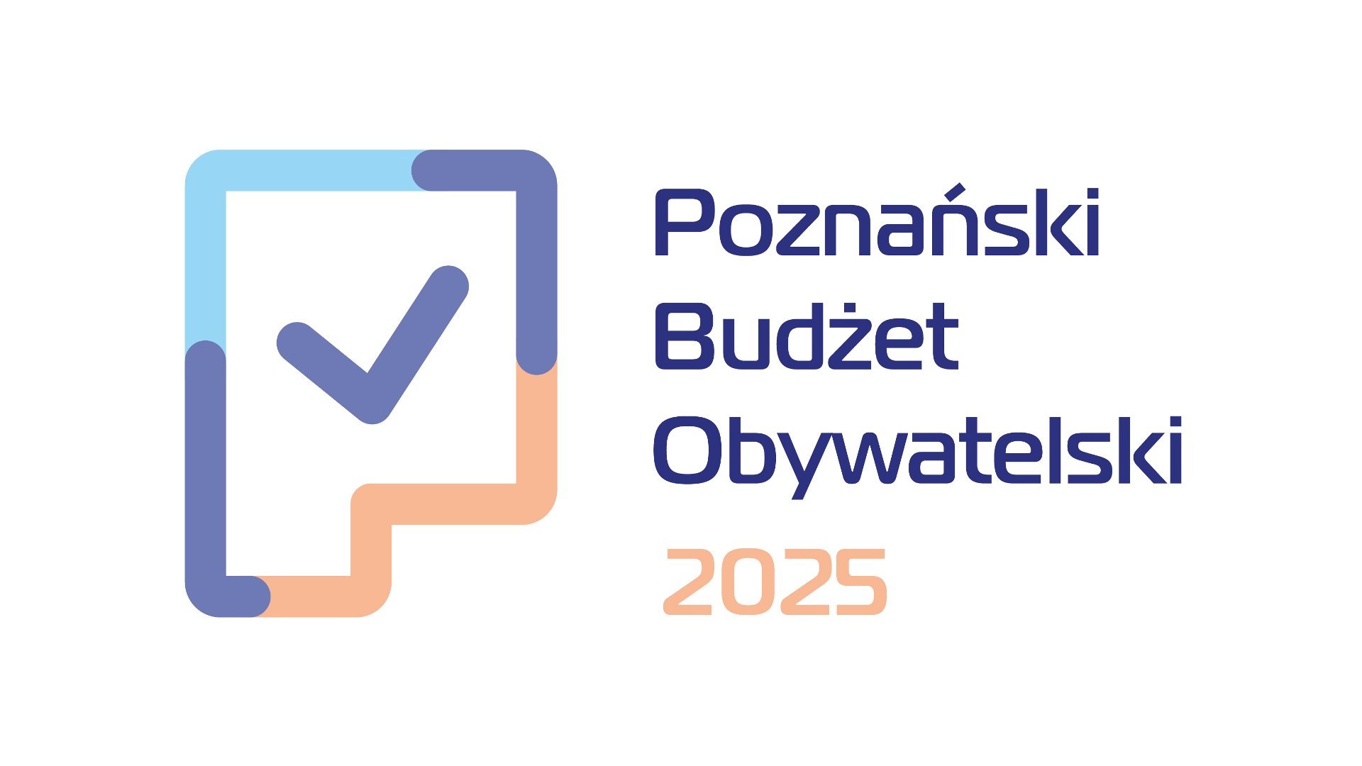 Logo PBO25. Przedstawia napis Poznański Budżet Obywatelski 2025 oraz rusunek kartki z tak zwanym ptaszkiem.