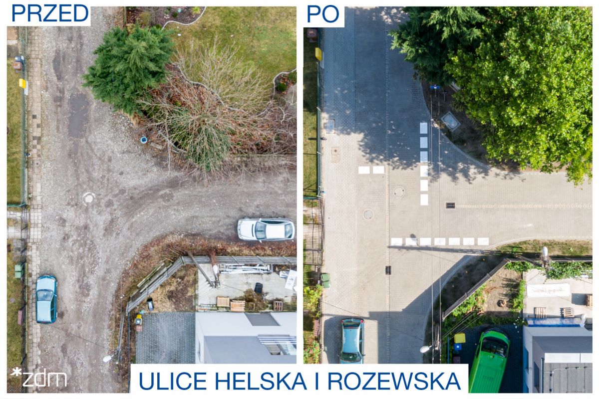 Dwa zdjęcia przedstwiające stan ulicy przed i po remoncie. Zdjęcia robione z góry. - grafika artykułu