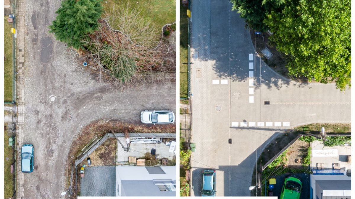 Dwa zdjęcia przedstwiające stan ulicy przed i po remoncie. Zdjęcia robione z góry.