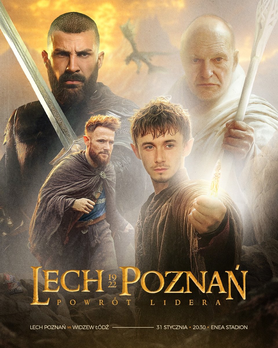 Grafika promująca mecz Lech Poznań - Widzew Łódź, fot. Facebook Lecha Poznań - plakat nawiązujący do filmu "Władca Pierścieni: Powrót Króla", na pierwszym planie piłkarze Afonso Sousa i Dino Hotić w roli hobbitów, zaś w tle Mikael Ishak jako rycerz z mieczem, a trener Niels Frederiksen jako czarodziej w białej szacie. Na dole złoty napis Lech Poznań i termin meczu Lecha z Widzewem - grafika artykułu