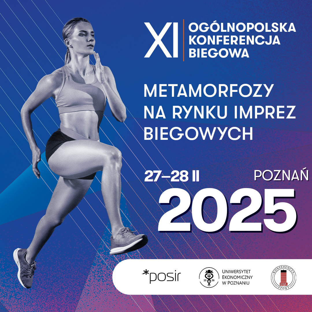 Xi Ogólnopolska Konferencja Biegowa - w środku biegnąca kobieta w topie i krótkich spodniach. Obok biały napis XI Ogólnopolska Konferencja Biegowa, poniżej główny temat: Metamorfozy na rynku imprez biegowych, a jeszcze niżej data i miejsce. Na dole logotypy partnerów - grafika artykułu