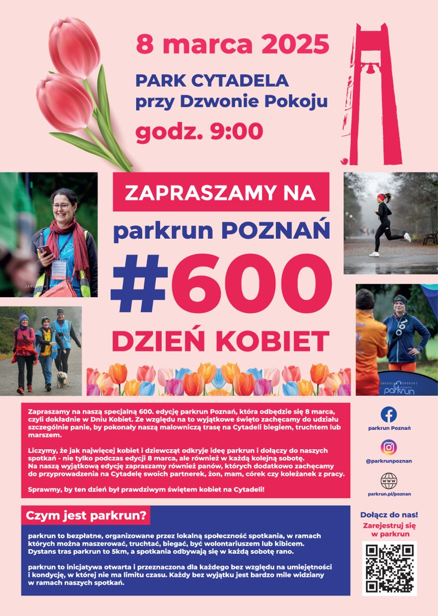 Plakat parkun Poznań - na środku wielkie zaproszenie na bieg z wyeksponowaną liczbą 600 oraz motywami kwiatowymi. Po bokach zdjęcia biegających i organizujących biegi kobiet, a na dole wytłumaczenie sensu imprezy - grafika artykułu