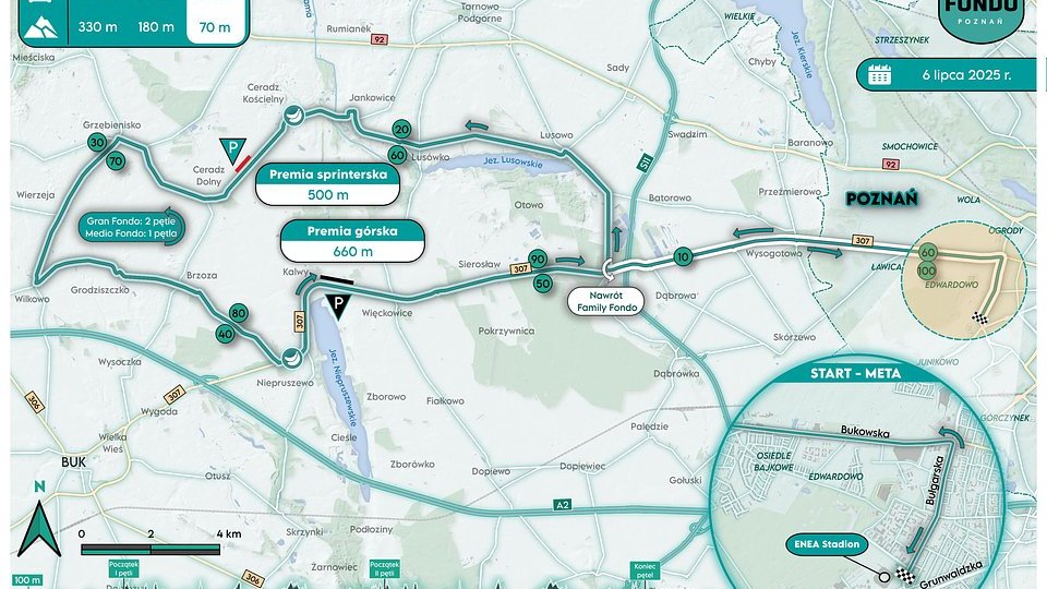 Trasa Gran Fondo Poznań - grafika ze szczegółowym przebiegiem trasy Gran Fondo Poznań