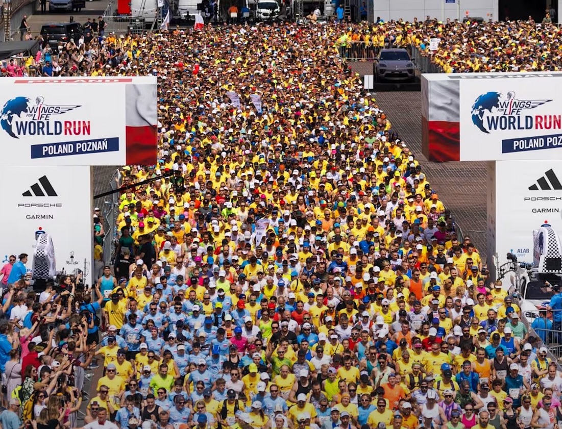 Wings for Life World Run 2024, fot. Damian Kramski Wings for Life World Run 2024, fot. Damian Kramski - tłum ludzi na starcie zawodów, większość w żółtych koszulkach. Przebiegają przez białą bramę, a z boku ludzie stoją poza trasą i robią zdjęcia