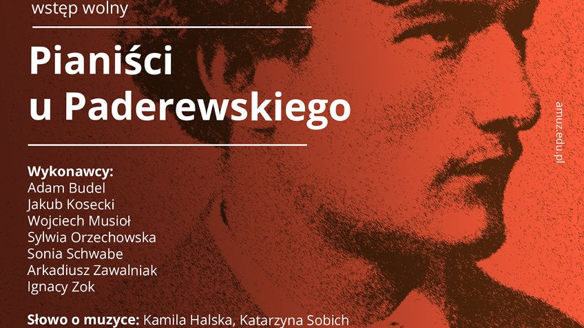 Plakat z informacjami o koncercie i grafiką Ignacego Paderewskiego