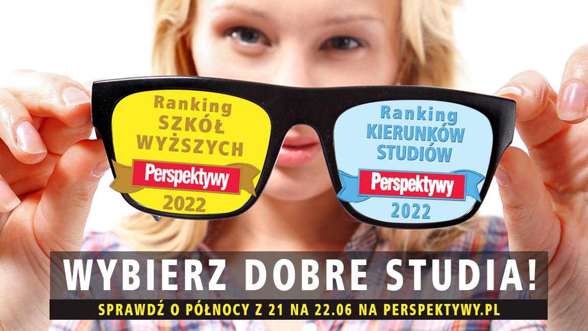 Grafika przedstawia dziewczynę trzymającą przed twarzą okulary, w których szkła są grafikami z logo rankingu uczelni - grafika artykułu