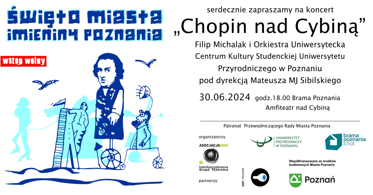 Grafika wydarzenia przedstawia narysowaną postać Chopina w kolorze niebieskim oraz napisy - informacje o wydarzeniu na białym tle - grafika artykułu