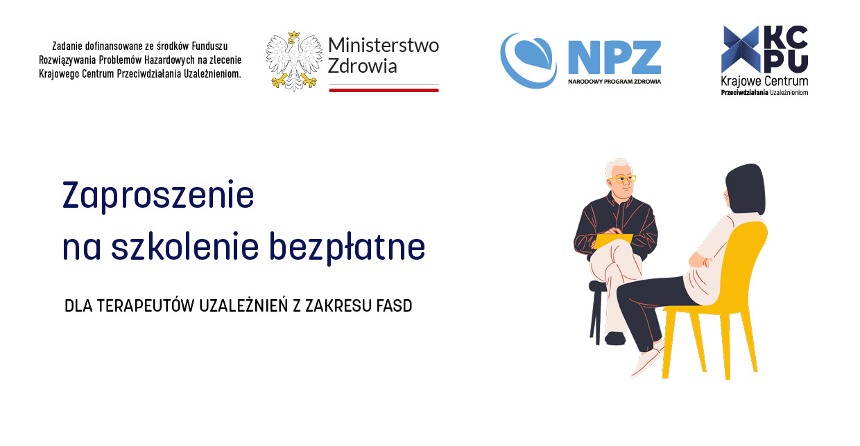 Dwie narysowane postacie siedzą na krzesłach. Jedna z nich to terapeuta, a druga to pacjent. Pacjent siedzi tyłem, a terapeuta zapisuje coś w notatniku. Nad grafiką znajdują się loga organizatorów szkolenia. - grafika artykułu