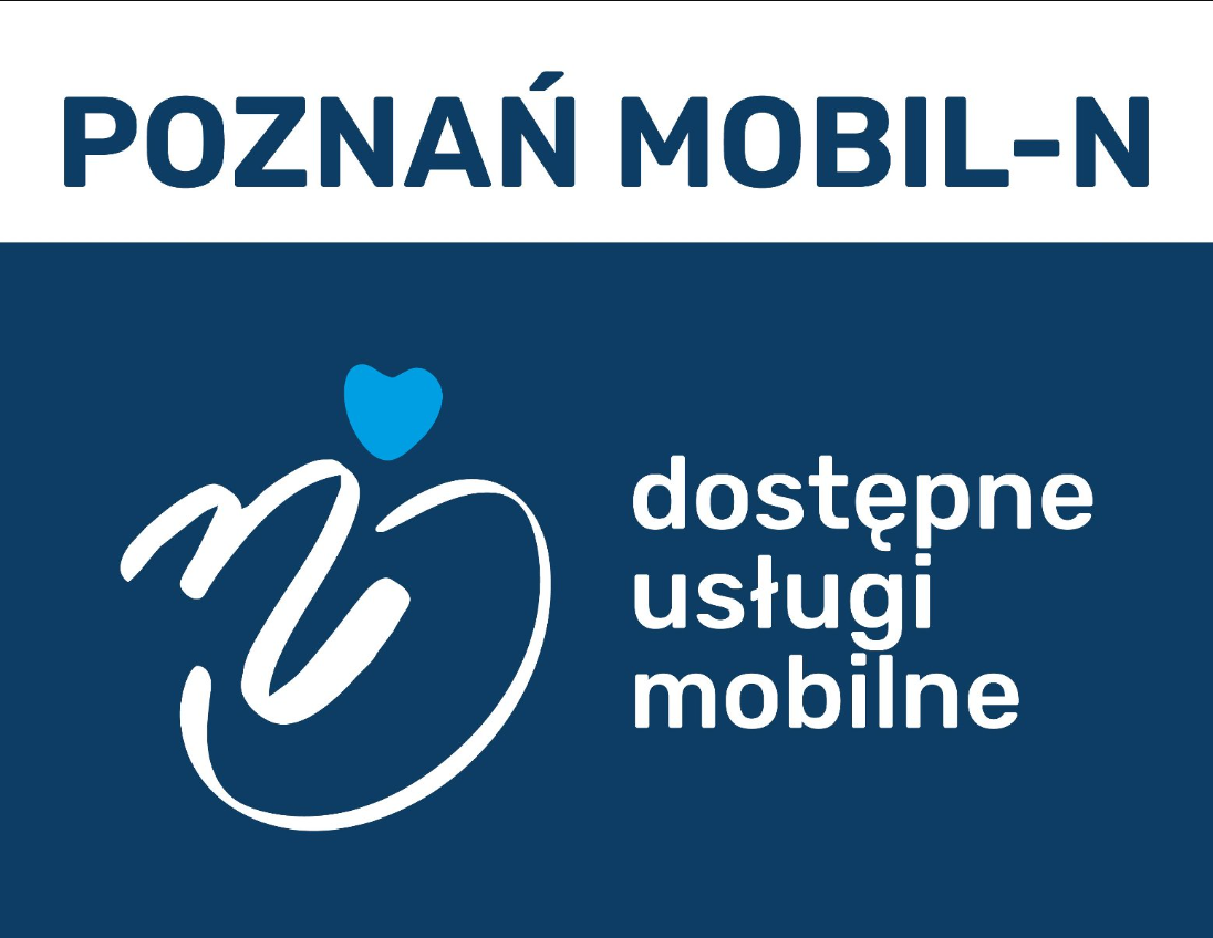 Na białym tle ciemnoniebieski napis: "POZNAŃ MOBIL-N". Pod spodem, na ciemnoniebieskim tle, znajduje się stylizowane logo w kolorach białym i niebieskim, przypominające serce i zakrzywioną linię. Obok logo białe napisy: "dostępne usługi mobilne." - grafika artykułu