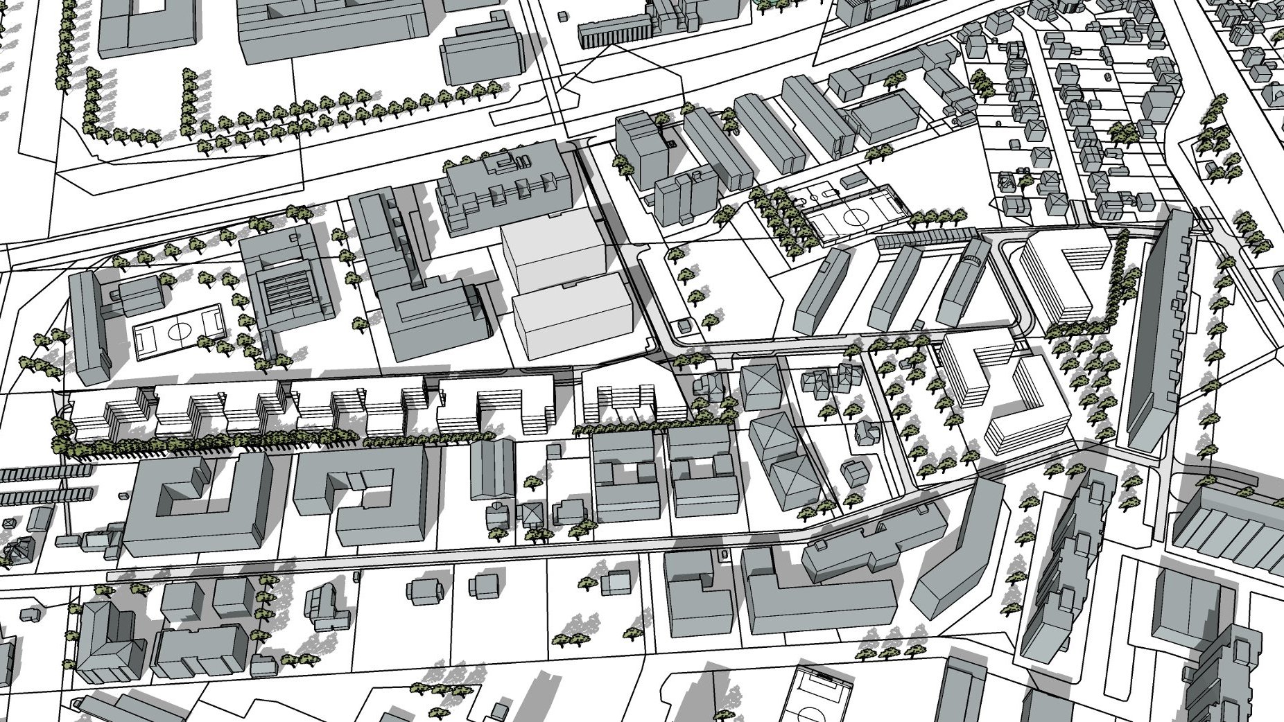 Szczegółowy plan architektoniczny lub urbanistyczny miasta lub dzielnicy. Widok z góry na różne budynki, drogi i tereny zielone. Budynki są przedstawione w formacie modelu 3D, o różnych kształtach i rozmiarach, wskazujących różne typy struktur. Liczne drzewa i ścieżki są przedstawione na całym obszarze. Układ obejmuje budynki mieszkalne, komercyjne oraz tereny rekreacyjne, takie jak boisko sportowe.