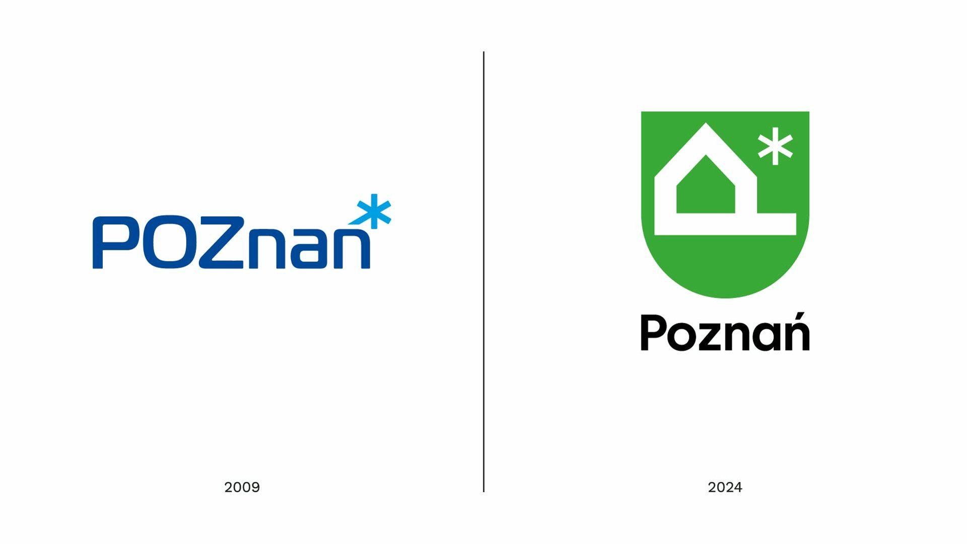 Po lewej stronie grafiki jest poprzednie logo Poznania: niebieski napis POZnan z gwiazdką nad literą "n". Po prawej nowe logo, którego opis znajduje się w treści artykułu.