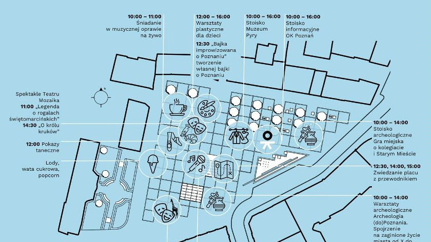 Na jasnoniebieskim tle ikonografika przedstawiająca mapę placu Kolegiackiego. Na nim zaznaczono, w których miejsach i o której godzinie można podejść do poszczególnych stoisk.