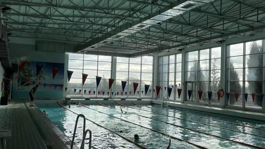 Hala basenowa Posnania. W basenie sportowym jest 6 torów. W wodzie pływają ludzie. Ściany hali są oszklone. Zza okien wysokie tuje i drzewa.