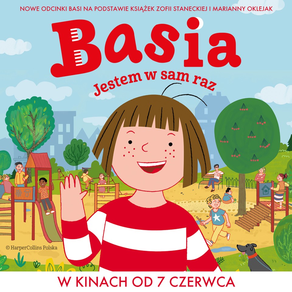 Rysunkowy plakat przedstawia Basię, dziewczynkę o krótkich brązowych włosach, ubraną w koszulkę w biało-czerwone paski, machającą do obiektywu. W tle widać park z drzewami i placem zabaw.