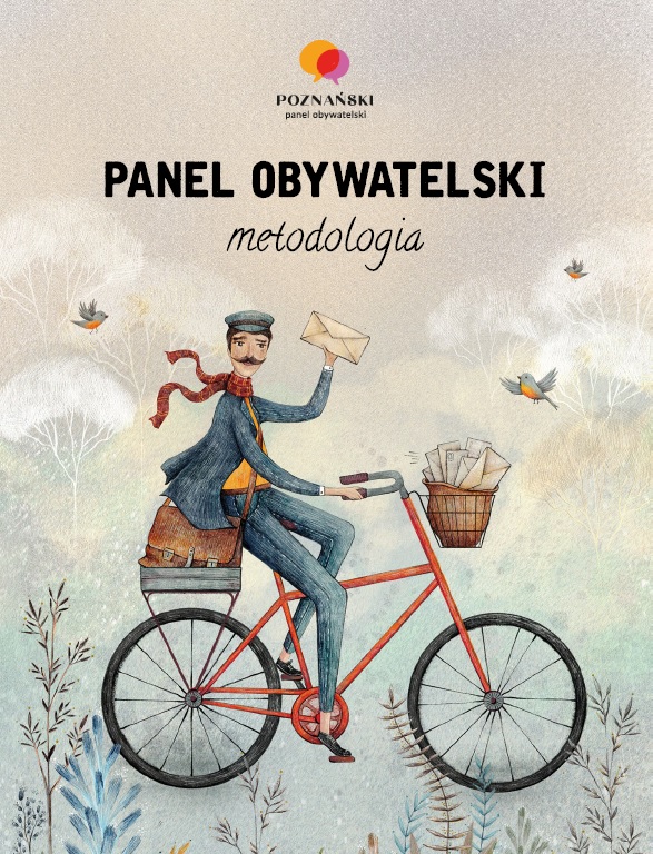 Rysunek będący okładką dokumentu opisującego panel obywatelski. Przedstawia listonosza na rowerze. Umieszczony napis: Panel Obywatelski - metodologia