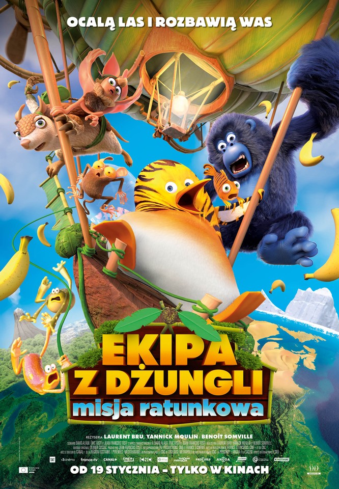 Plakat przedstawia zwierzęta spadające z wysokości na dużej połówce kokosa. Widzimy ptaszka, goryla, wiewiórkę i innych członków Ekipy z dżungli.