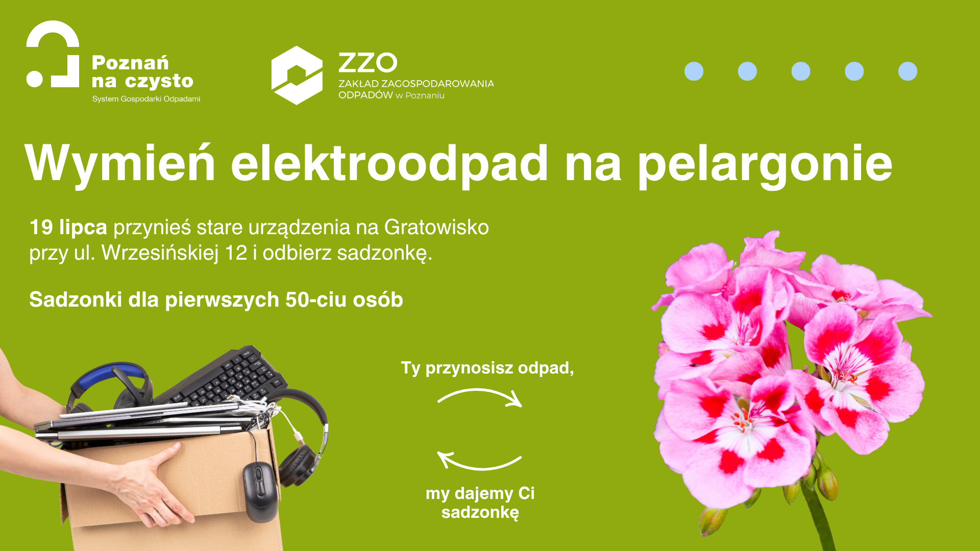 W tę sobotę podarujemy sadzonkę za elektroodpady przywiezione na Gratowisko Poznań Wschód Grafika zawiera inormację o akcji wymiany sadzonek roślin doniczkowych wzamian za odpady elektryczne i elektroniczne
