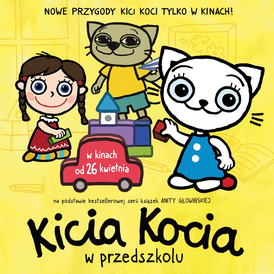 Rysunkowy plakat przedstawia Kicię Kocię wraz z przyjaciółmi, Adelką i Packiem, bawiących się zamkiem z klocków.