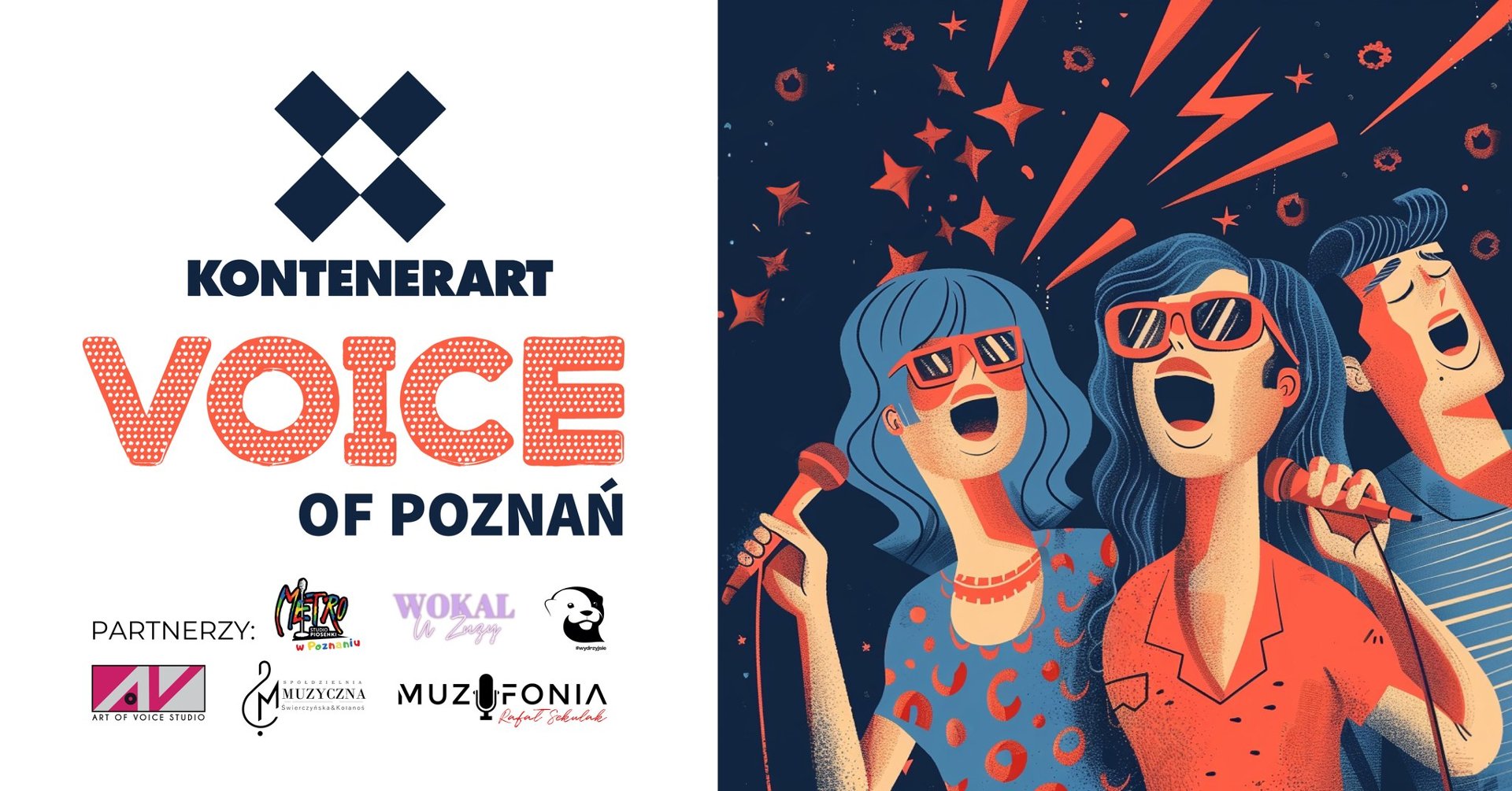 Plakat promujący wydarzenie. Rysunek dwóch kobiet i mężczyzny, którzy śpiewają do mikrofonów. Są ubrani w niebiesko-pomarańczowe ubrania. Po lewej stronie napis "KontenerART Voice o Poznań". Pod napisem loga sponsorów wydarzenia.