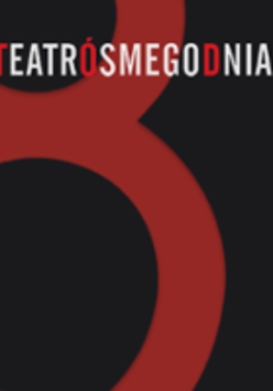 Logotyp Teatru. Na czarnym tle fragment cyfry osiem w kolorze ciemnoczerwonym. W górnej części grafiki napis białymi i czerwonymi literami Teatr Ósmego Dnia.