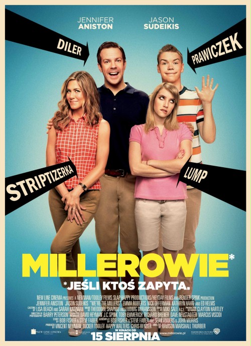 Plakat filmu "Millerowie". Na nim pozorna rodzina pozuje do wspólnego zdjęcia. Na nim ojciec, matka, syn i córka nastolatkowie.