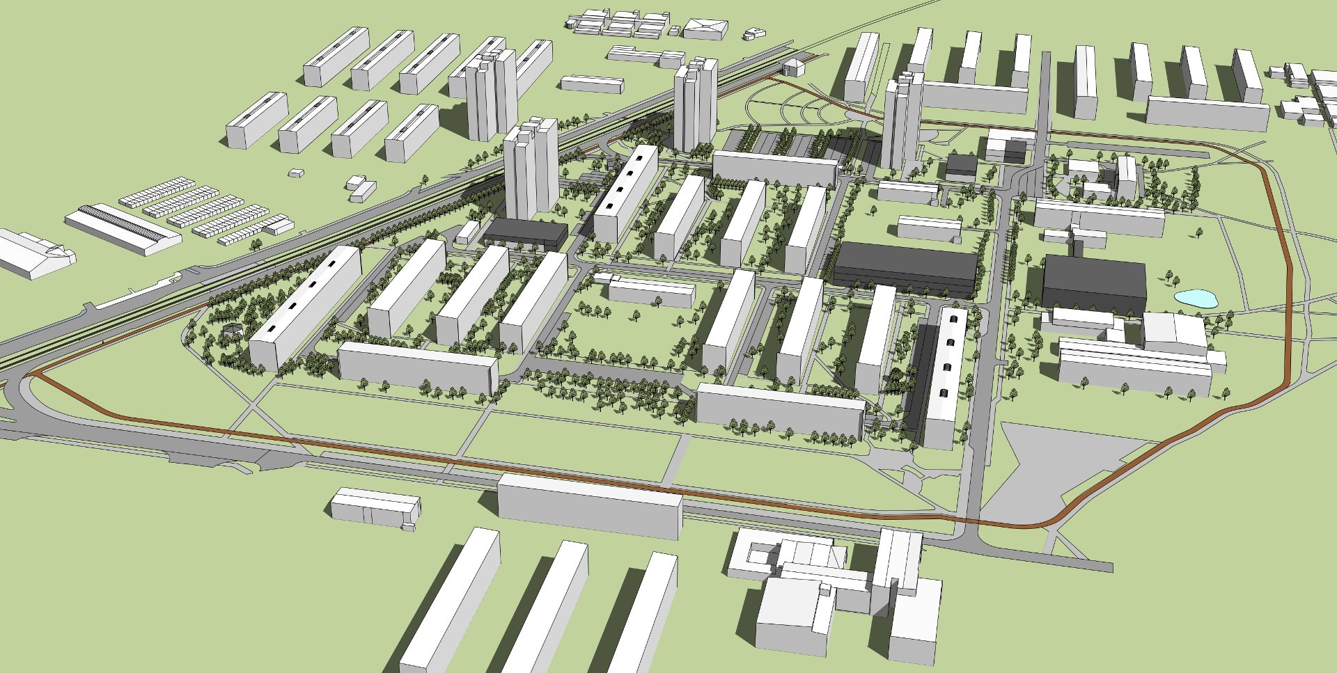 Nowe ustalenia obejmują teren o powierzchni 19,5 ha, koncentrując się na ochronie istniejącej zabudowy Model 3D przedstawiający układ urbanistyczny lub plan miasta. Widać różnorodne budynki o różnych wielkościach i kształtach, rozmieszczone w układzie przypominającym siatkę. Są wysokie budynki mieszkalne lub biurowe oraz mniejsze, prostokątne budynki, które mogą być apartamentowcami, biurami lub innymi obiektami. W obszarze znajdują się zielone przestrzenie, drzewa oraz ścieżki, co wskazuje na zaplanowane środowisko miejskie z uwzględnieniem zieleni i ruchu pieszych
