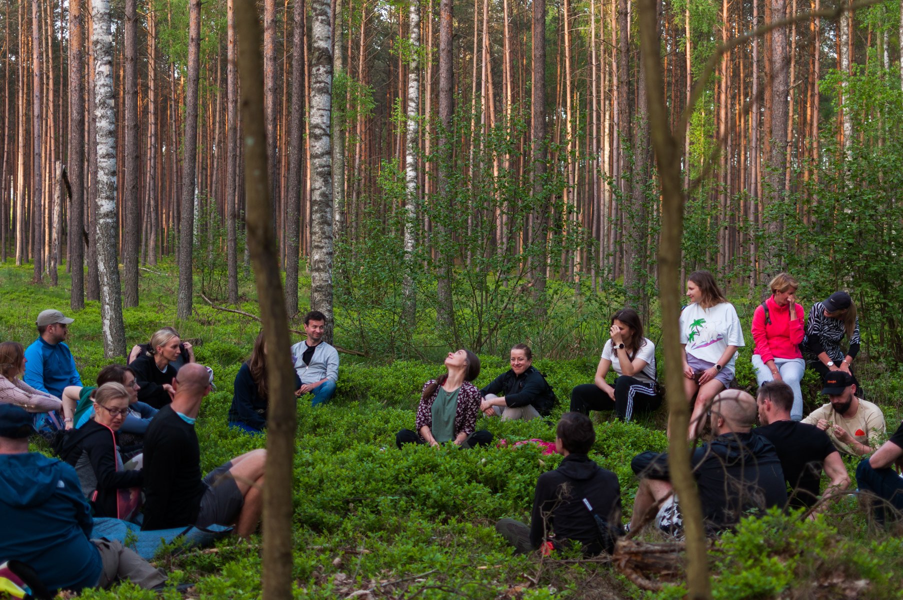 Zdjęcie przedstawia ludzi siedzących w lesie - grafika artykułu
