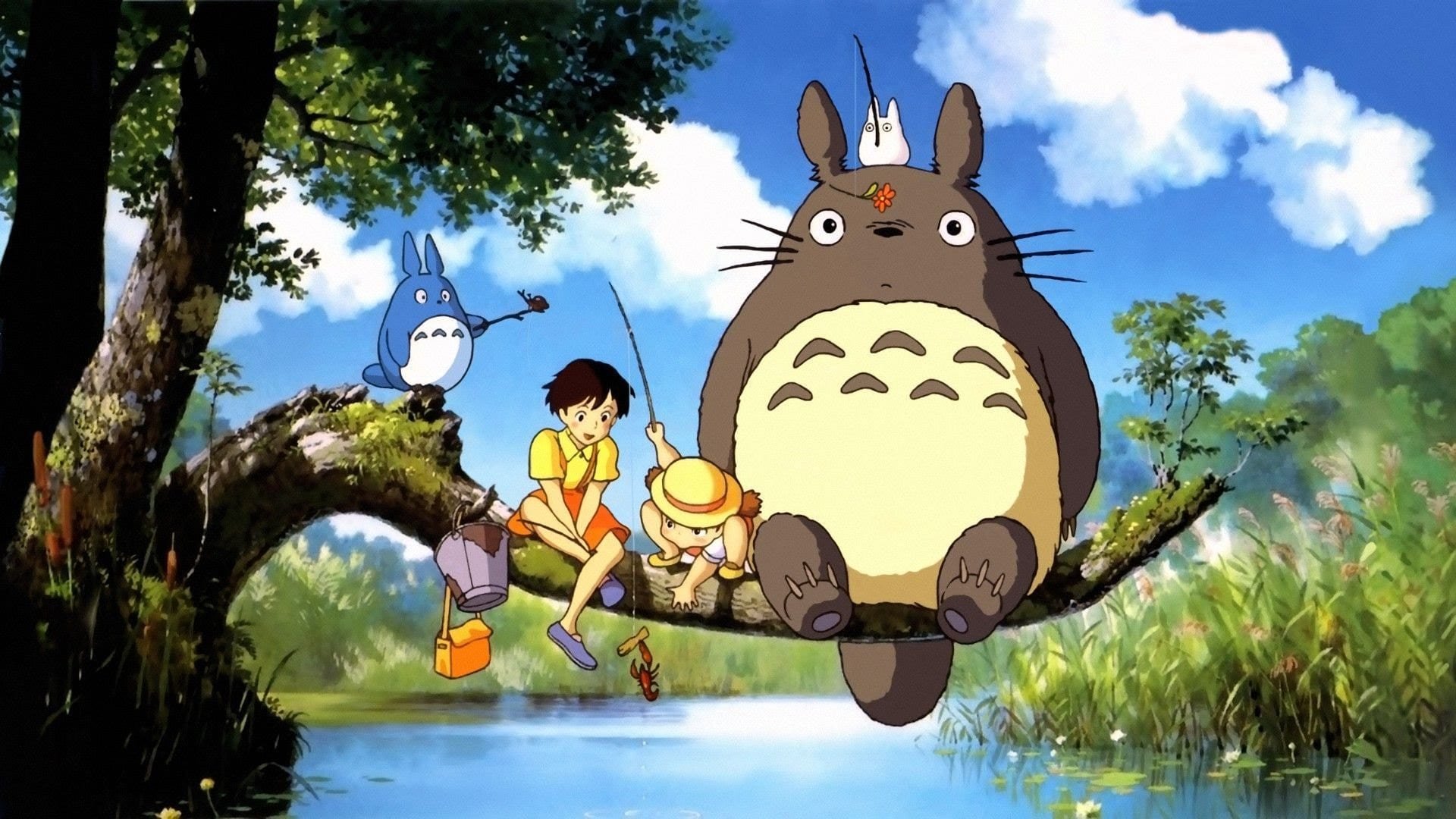 Na zdjęciu jest scena z animowanego filmu "My Neighbor Totoro" studia Ghibli. Znajdują się na nim kilku postaci siedzących na dużej gałęzi nad jeziorem. Postacie to dwa dzieci, duża istota o imieniu Totoro, mniejsza niebieska istota oraz mała biała istota. Dzieci angażują się w połów, z jedną trzymającą wędki, a drugą pojemnik.