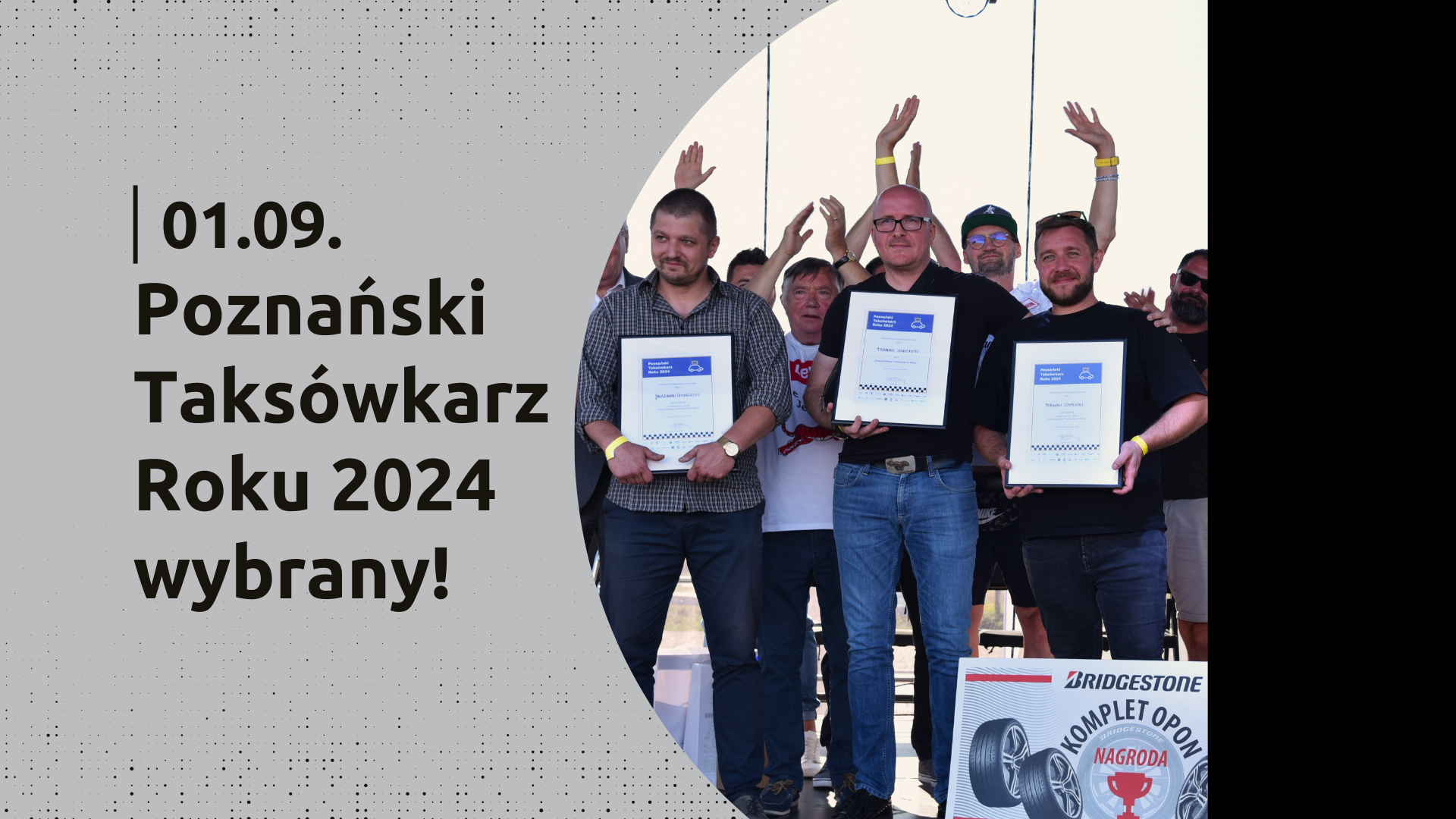 Grafika z napisem po lewej stronie : Poznański Taksówkarz Roku 2024 wybrany, po prawej stronie grafika z laureatami konkursu - grafika artykułu