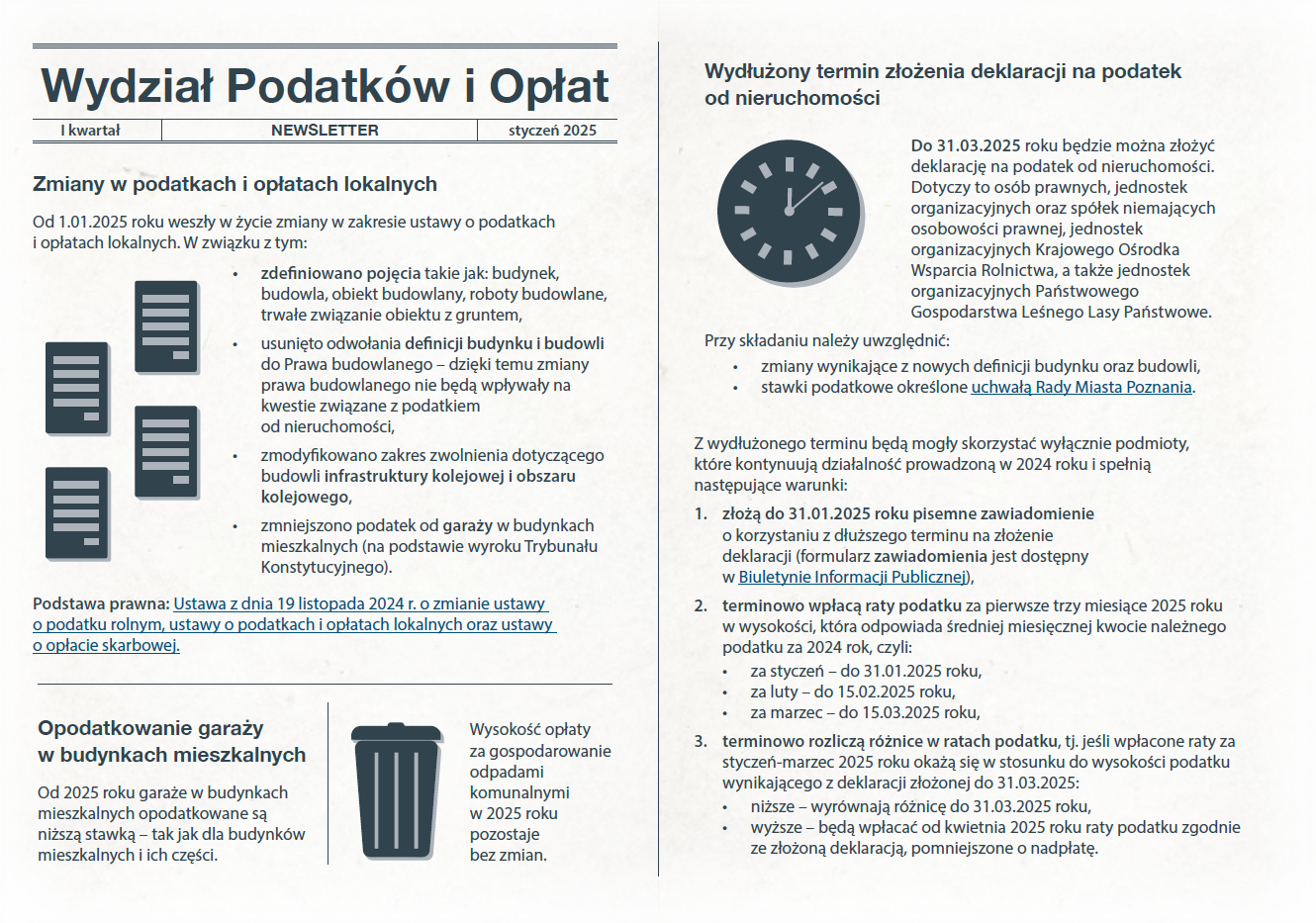 Obraz przedstawia ulotkę informacyjną dla klientów wydziału Podatków i Opłat zawierającą spis spraw prowadzonych przez wydział w I kwartale 2025 roku - grafika artykułu