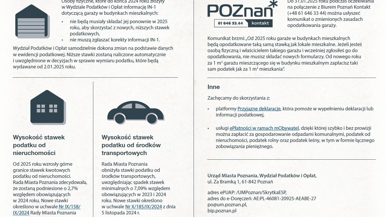 Obraz przedstawia ulotkę informacyjną dla klientów wydziału Podatków i Opłatt zawierającą spis spraw prowadzonych przez wydział w I kwartale 2025 roku