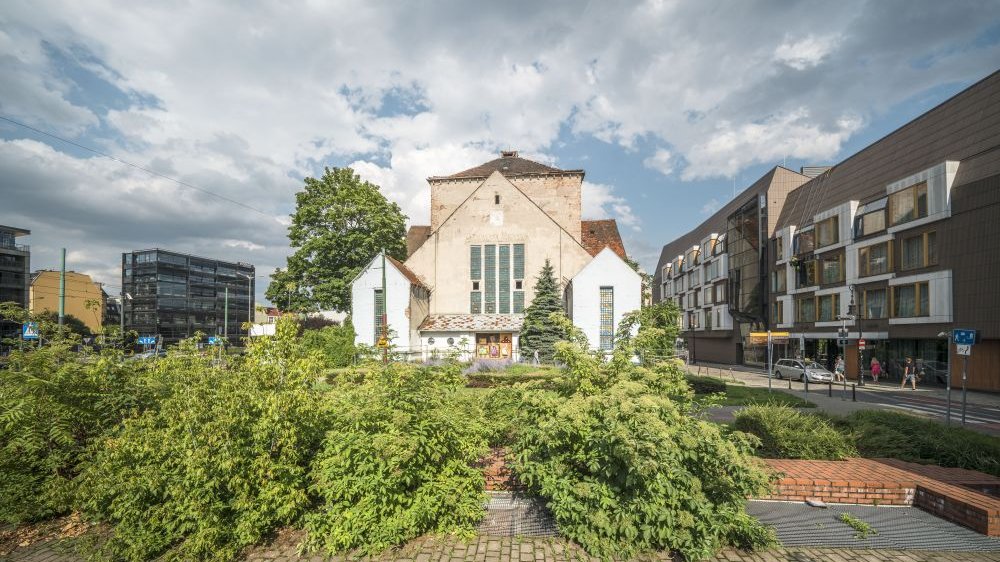 Zdjęcie synagogi z oddali. Z przodu zielone krzewy, nad budynkami zachmurzone niebo.