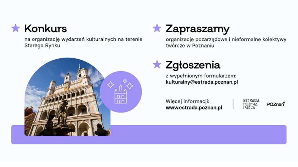 Plakat konkursu w kolorach bieli i fioletu. Na zdjęciu ratusz poznański.