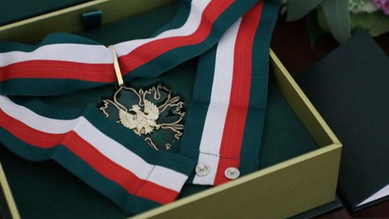 Medal w kształcie orła, w ozdobnym pudle, ze wstęgą biało-czerwoną