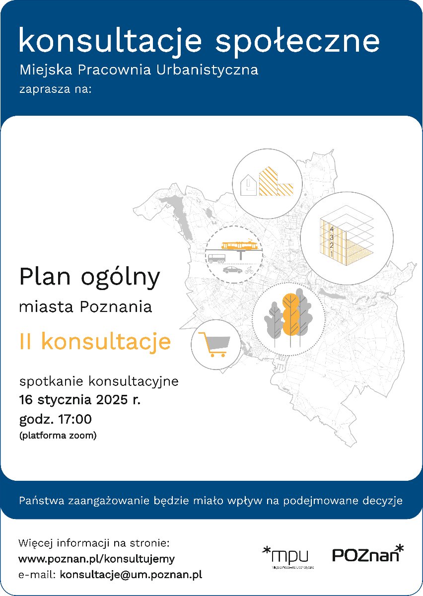 Grafika - Mapa Poznania w tle. Na pierwszym planie pięć ikon przedstawiających: budynek istniejący i dwa budynki planowane, wyobrażenie czteropiętrowego budynku, drogę z samochodem, autobusem i człowiekiem jadącym na motorze oraz wiadukt z jadącym na nim tramwajem, trzy drzewa, wózek sklepowy. - grafika artykułu