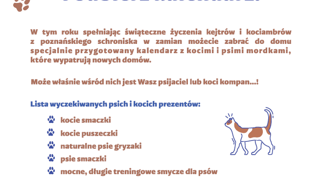 Plakat z informacjami na temat akcji z grafikami psów i kotów