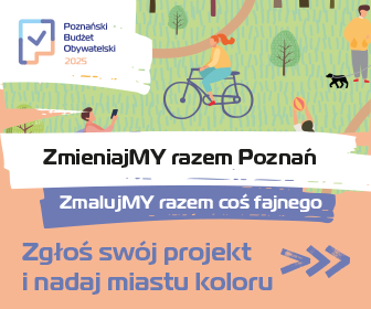 W górnym lewym rogu widać logotyp Poznańskiego Budżetu Obywatelskiego 2025. W zielonym parku postacie spędzają czas na rekreacji: jazda rowerem, spacer z psem, zabawa z piłką. Ponieżej widać duże hasła tegorocznej edycji. - grafika artykułu