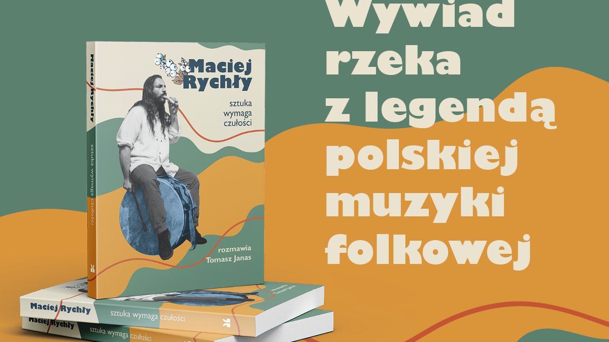 Książka na tle kolorowych fal, stojąca na stercie książek. Z boku napis: wywiad rzeka z legendą polskiej muzyki folkowej