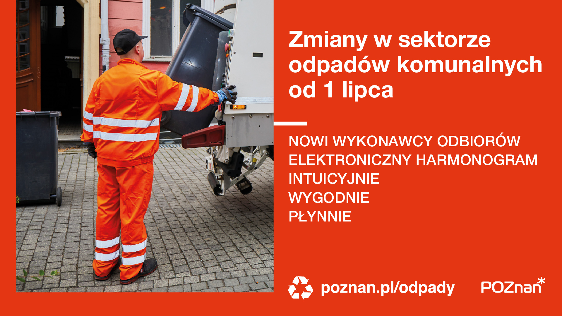 Zdjęcie przedstawia moment odbioru odpadów komunalnych: pracownika uruchamiającego śmieciarkę oraz pojemnik który jest opróżniany do śmieciarki. - grafika artykułu